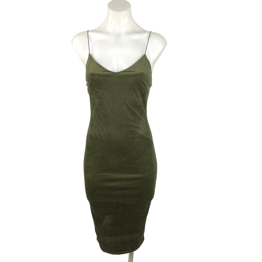 Necessary Clothing Green Faux Suede V Neck Spaghetti Strap Bodycon Mini Dress S